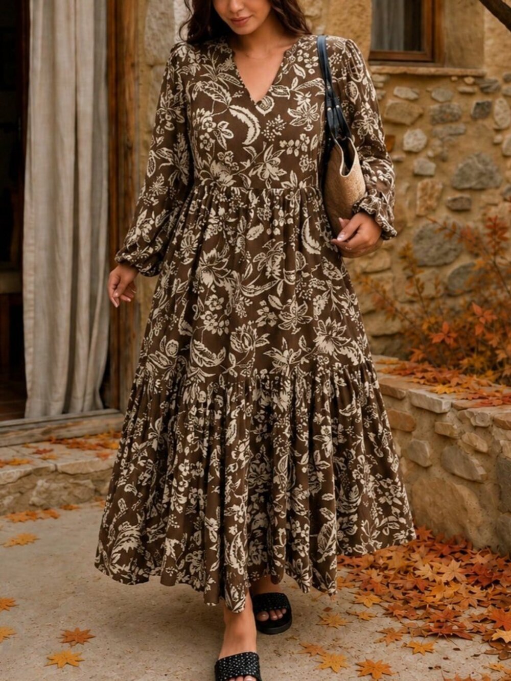Multicolor Boho Women's Pleated Long V-Neck Bishop Sleeve A-Line Dress